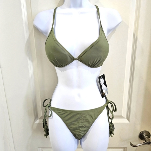 Marilyn Monroe Boho Bikini – Olive Green Aztec Embroidered Back Fringe Side Tie - Picture 3 of 16